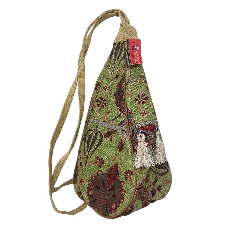 Hocca Slingshot Tapestry Woven Jacquard Botanical Boho Global Jute Backpack Bag